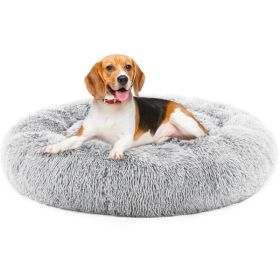 24 Inch Anti-Slip Round Fluffy Plush Faux Fur Cat Bed, Fits Up To 25 Lbs Pets (Option: Grey L)