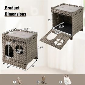 2-Tier Wicker Cat Condo with Litter Mat - Hidden Litter Box Enclosure, Detachable Washable Cushion, Gray Rattan (Option: default title)